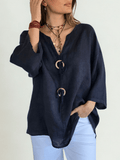 Blusa Italiana 100% Lino, dos botones, color Azul Marino