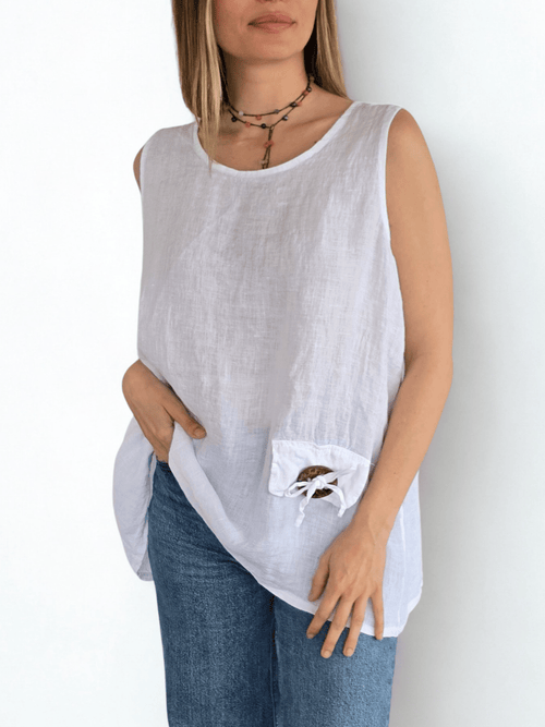Blusa 100% Lino Italiano Botón, color Blanco