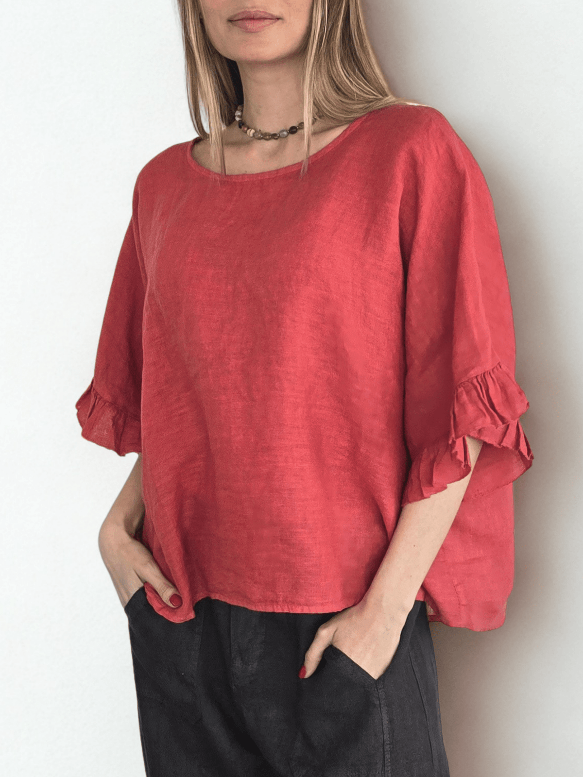 Blusa Italiana 100% Lino con Vuelos, color Tomate