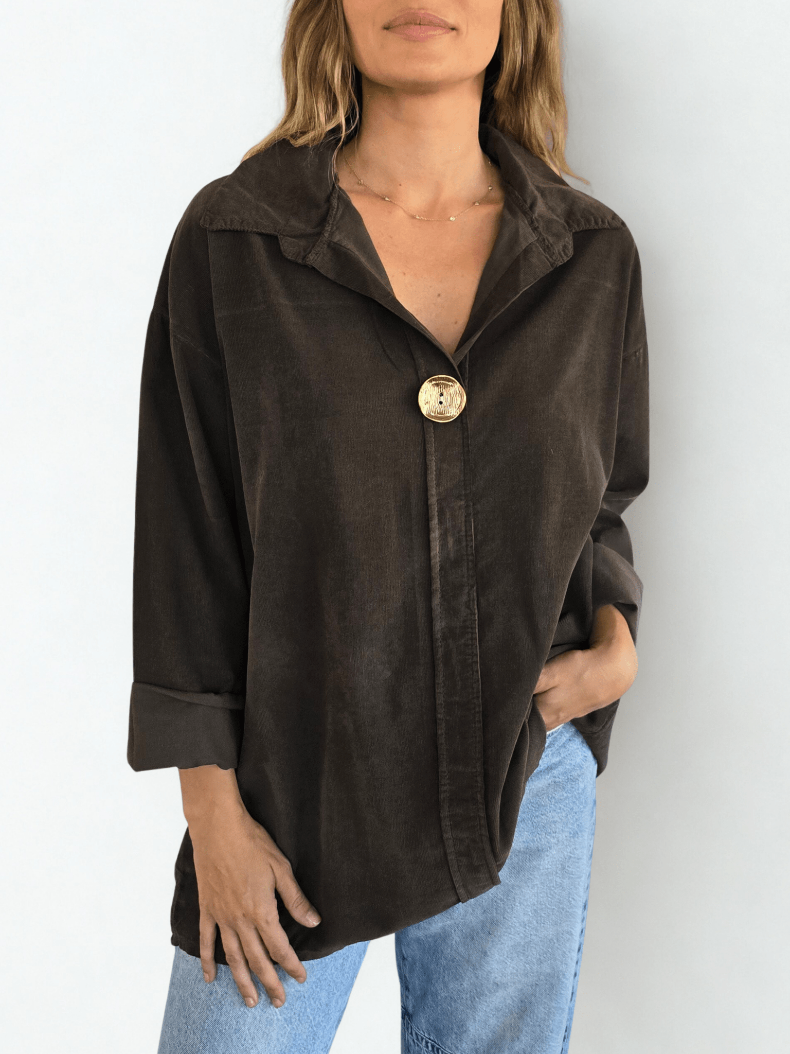 Blusa Italiana Cotelé mil rayas un botón, color Chocolate