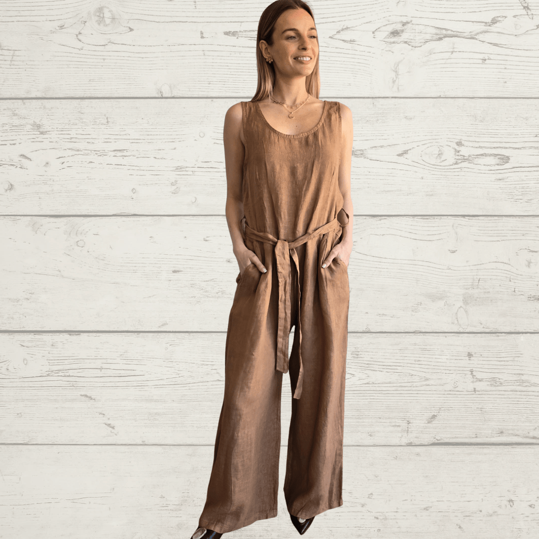 Enterito 100% Lino Italiano sin mangas, color Camel