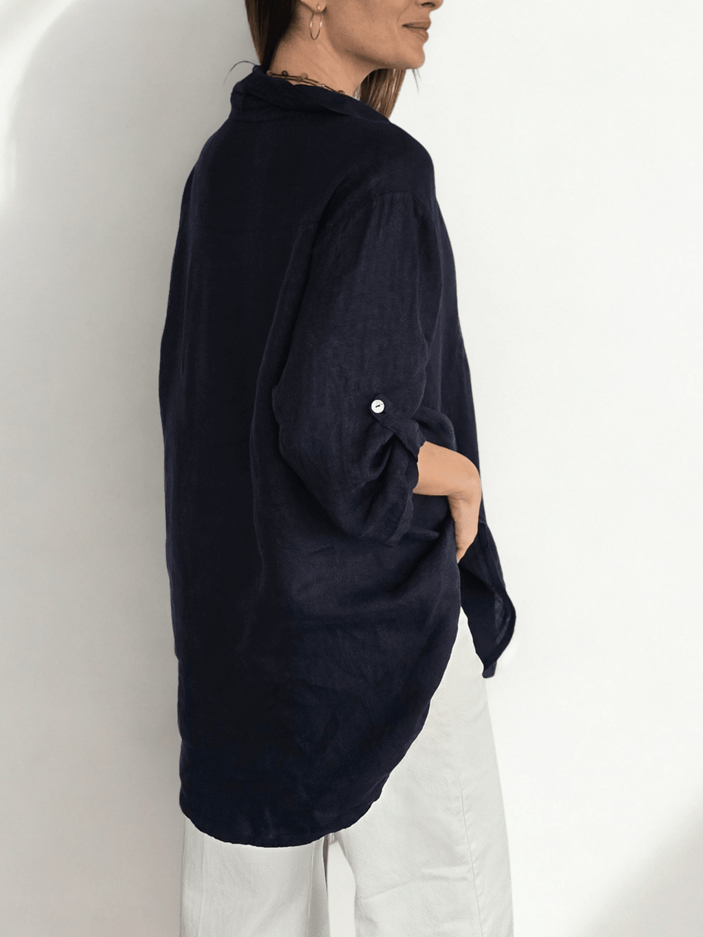 Blusa Italiana 100% lino Ancha, color Azul Marino