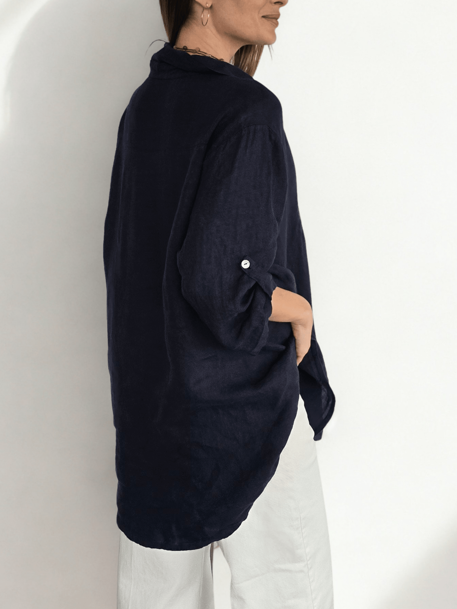 Blusa Italiana 100% lino Ancha, color Azul Marino