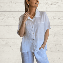 Cargar imagen en el visor de la galería, Blusa 100% Lino Italiano manga corta, color Blanco
