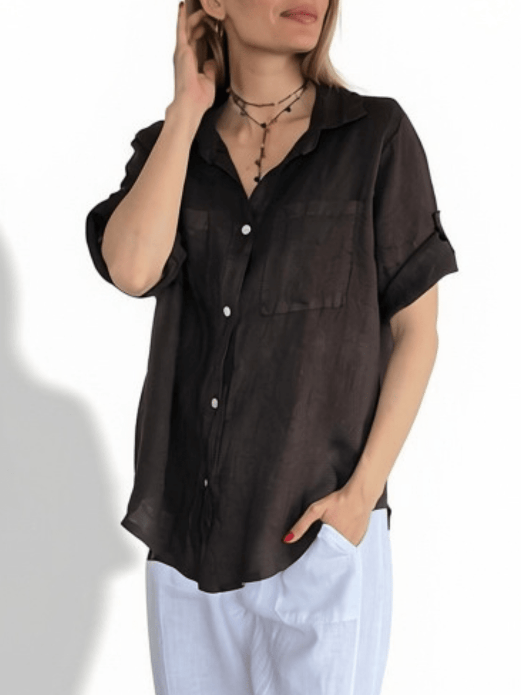 Blusa Italiana 100% Lino Dos Bolsillos, color Chocolate