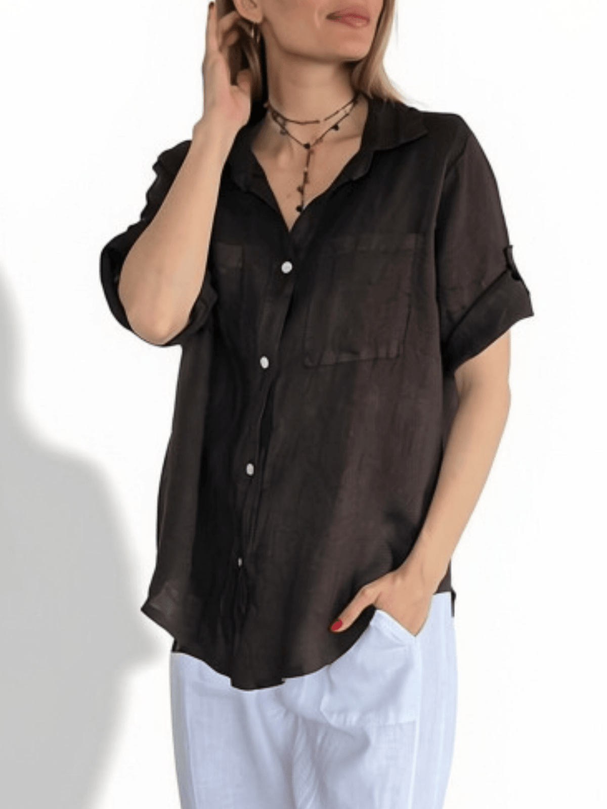 Blusa Italiana 100% Lino Dos Bolsillos, color Chocolate