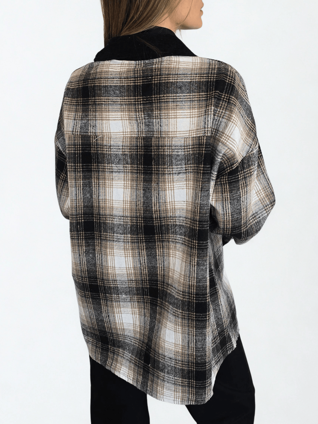 Blusa Escocesa con Cotelé, color Negro con Beige