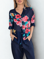 Blusa Italiana Floreada, fondo Azul