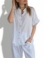Blusa Italiana 100% Lino Escote en V, color Blanco