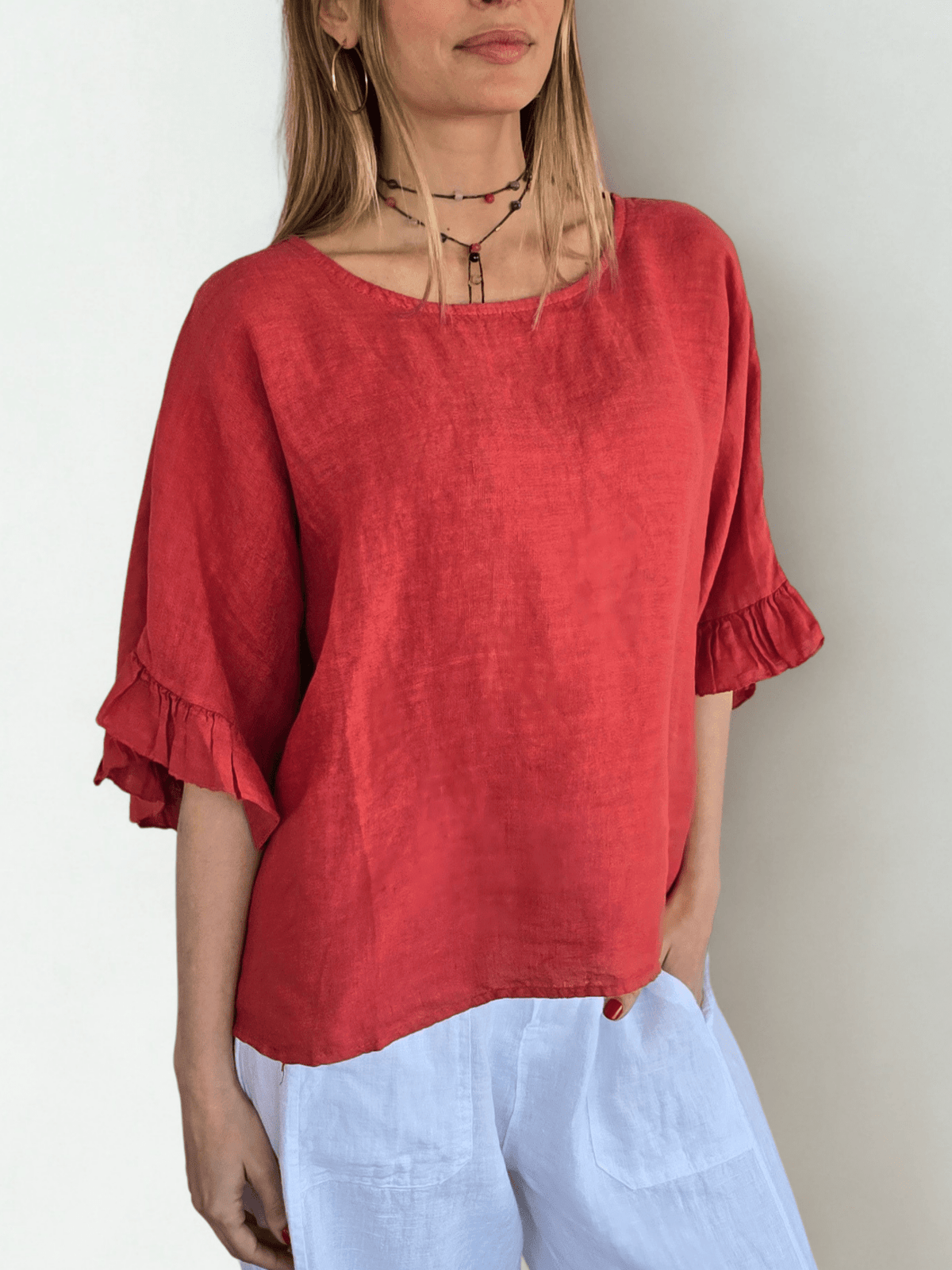 Blusa Italiana 100% Lino con Vuelos, color Tomate