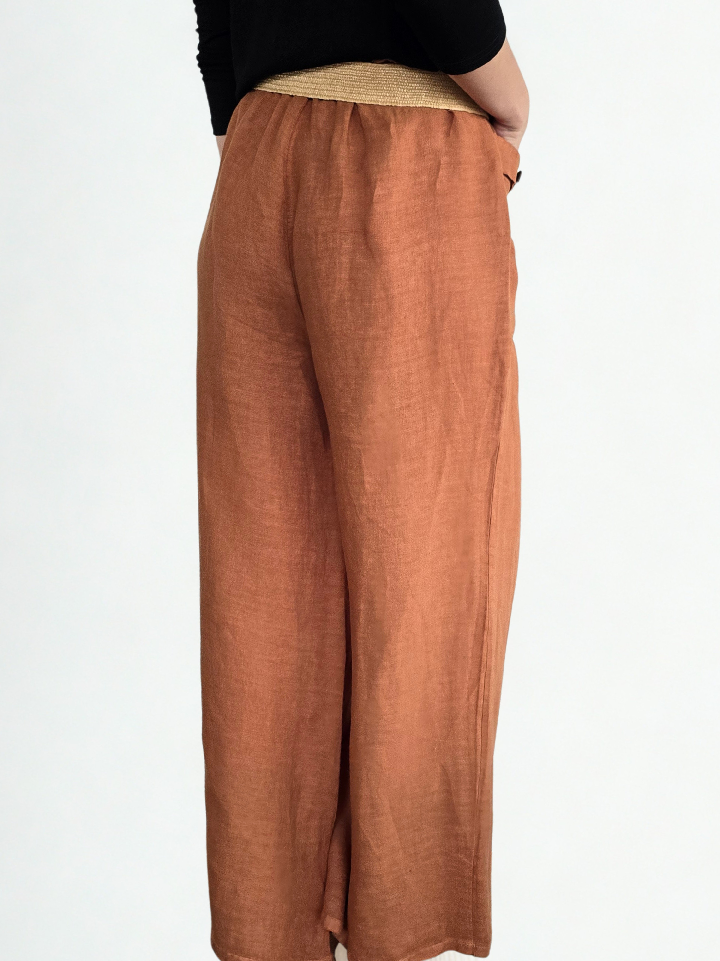Pantalón de Lino Italiano con Cinturón, color Terracota