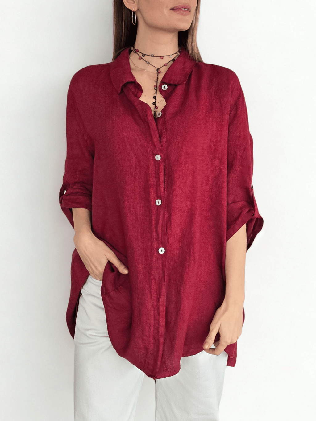 Blusa Italiana 100% lino Ancha, color Guinda