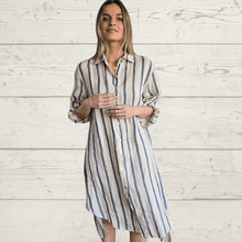 Cargar imagen en el visor de la galería, Vestido 100% Lino Italiano Rayado, color Beige con Azul
