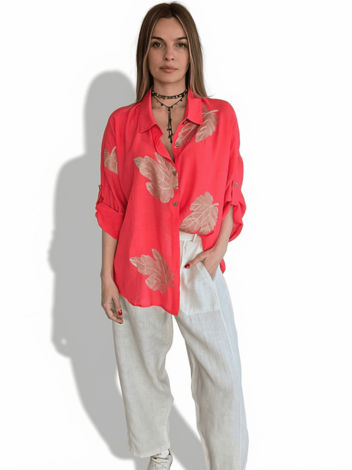 Blusa Bordado Hojas, color Coral