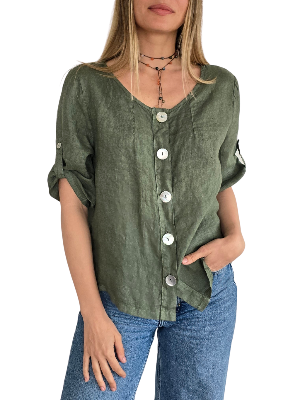 Blusa Italiana 100% Lino Botones, color Verde