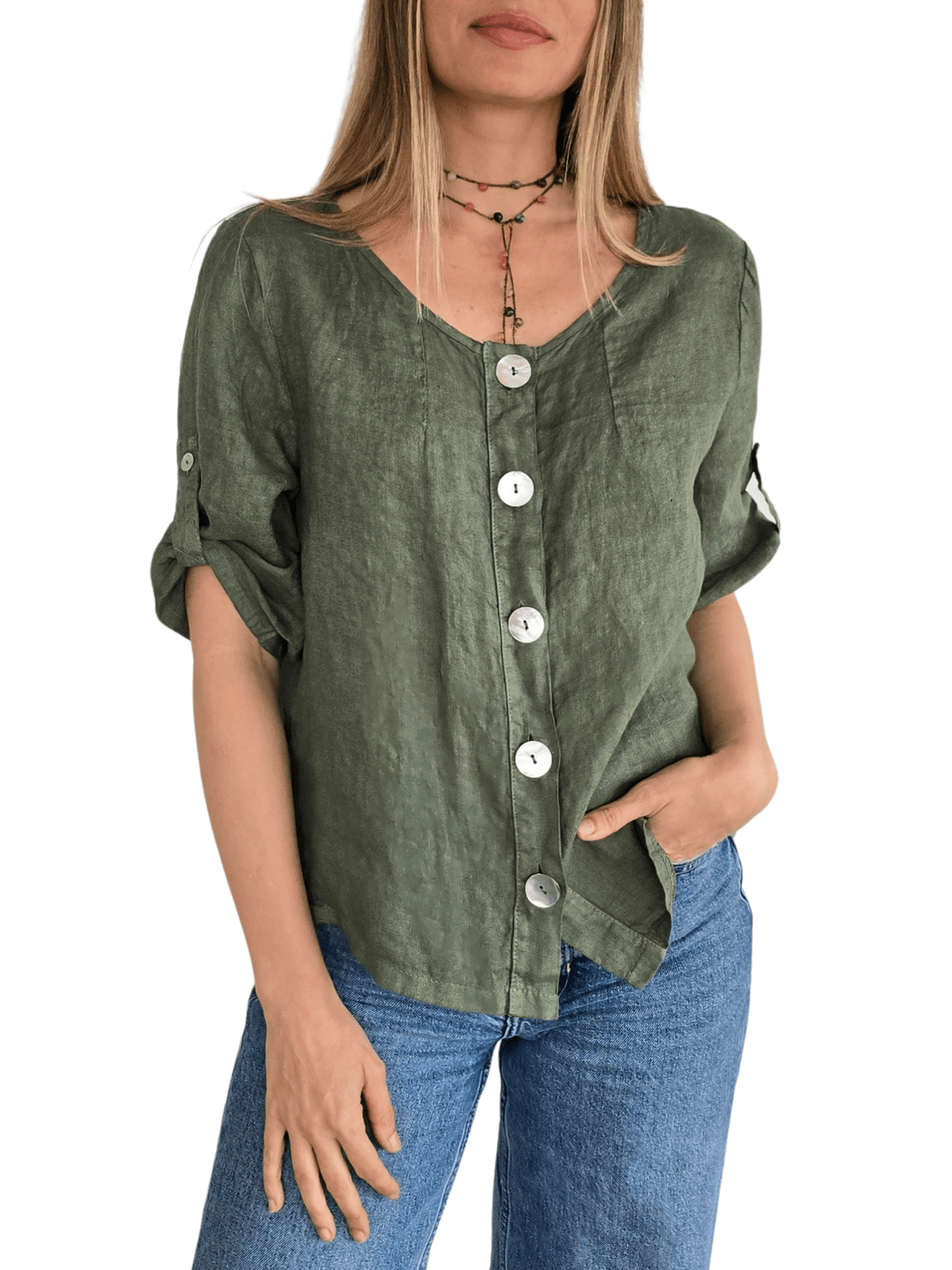 Blusa Italiana 100% Lino Botones, color Verde