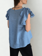 Blusa Italiana 100% Lino Mangas Irregulares, color Celeste