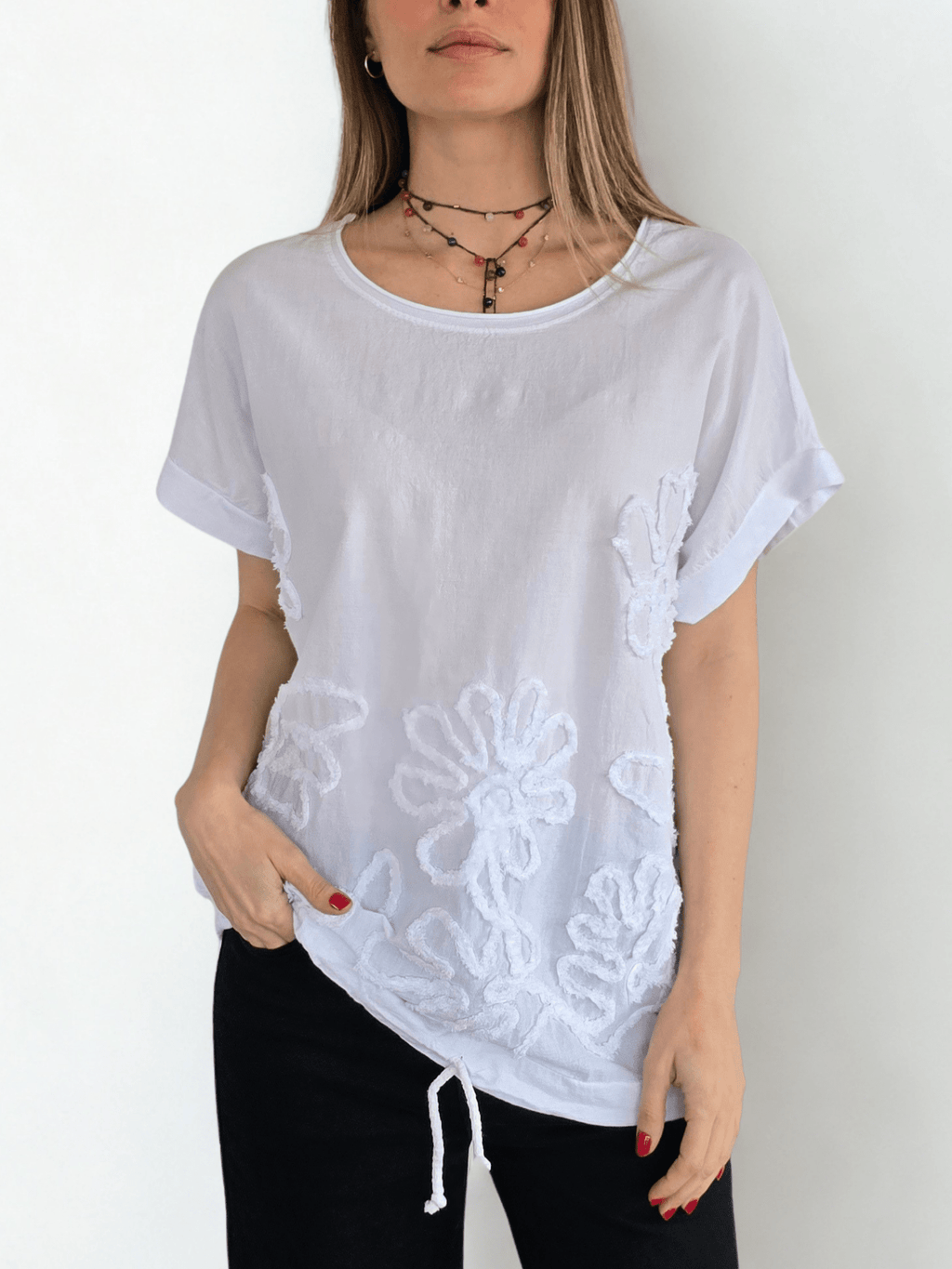 Polera Italiana Bordada, color Blanco