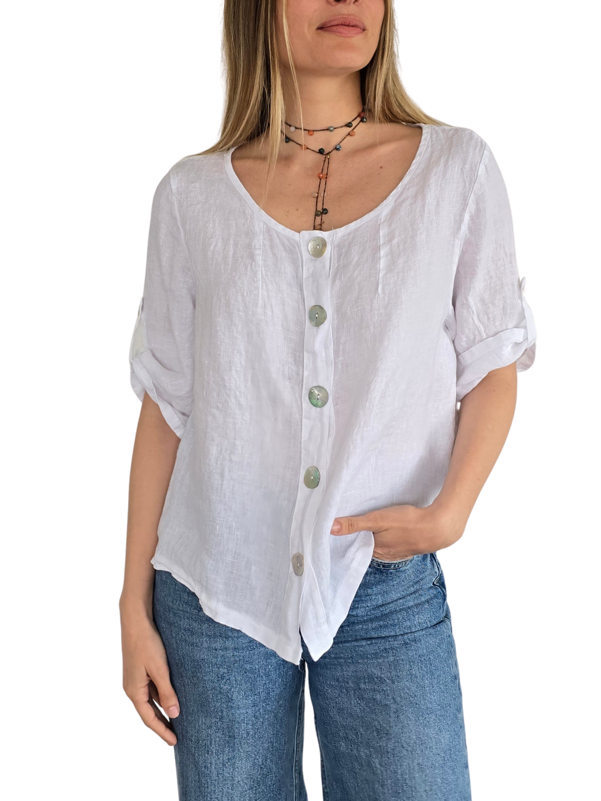 Blusa Italiana 100% Lino Botones, color Blanco