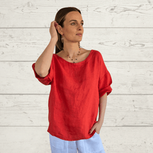 Cargar imagen en el visor de la galería, Blusa 100% Lino Italiano cuello redondo, color Rojo
