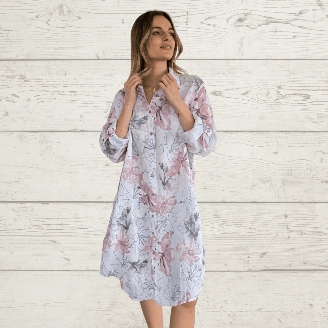 Vestido de Lino Italiano estampado, fondo Blanco