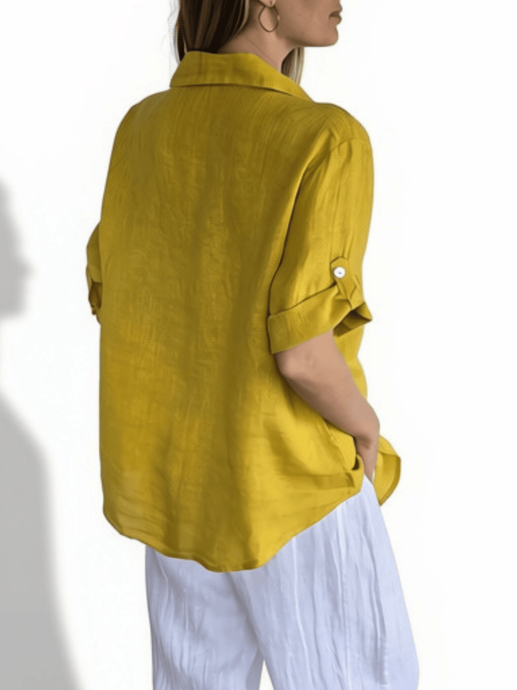 Blusa Italiana 100% Lino dos Bolsillos, color Amarillo Oro