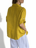 Blusa Italiana 100% Lino dos Bolsillos, color Amarillo Oro