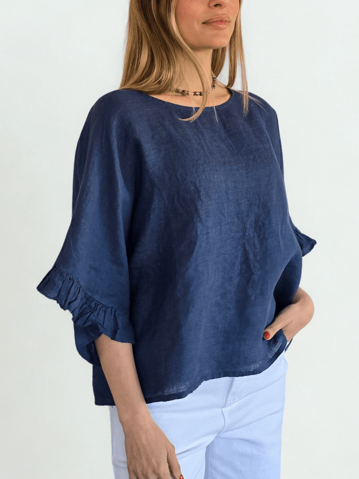 Blusa Italiana 100% Lino con Vuelos, color Azul