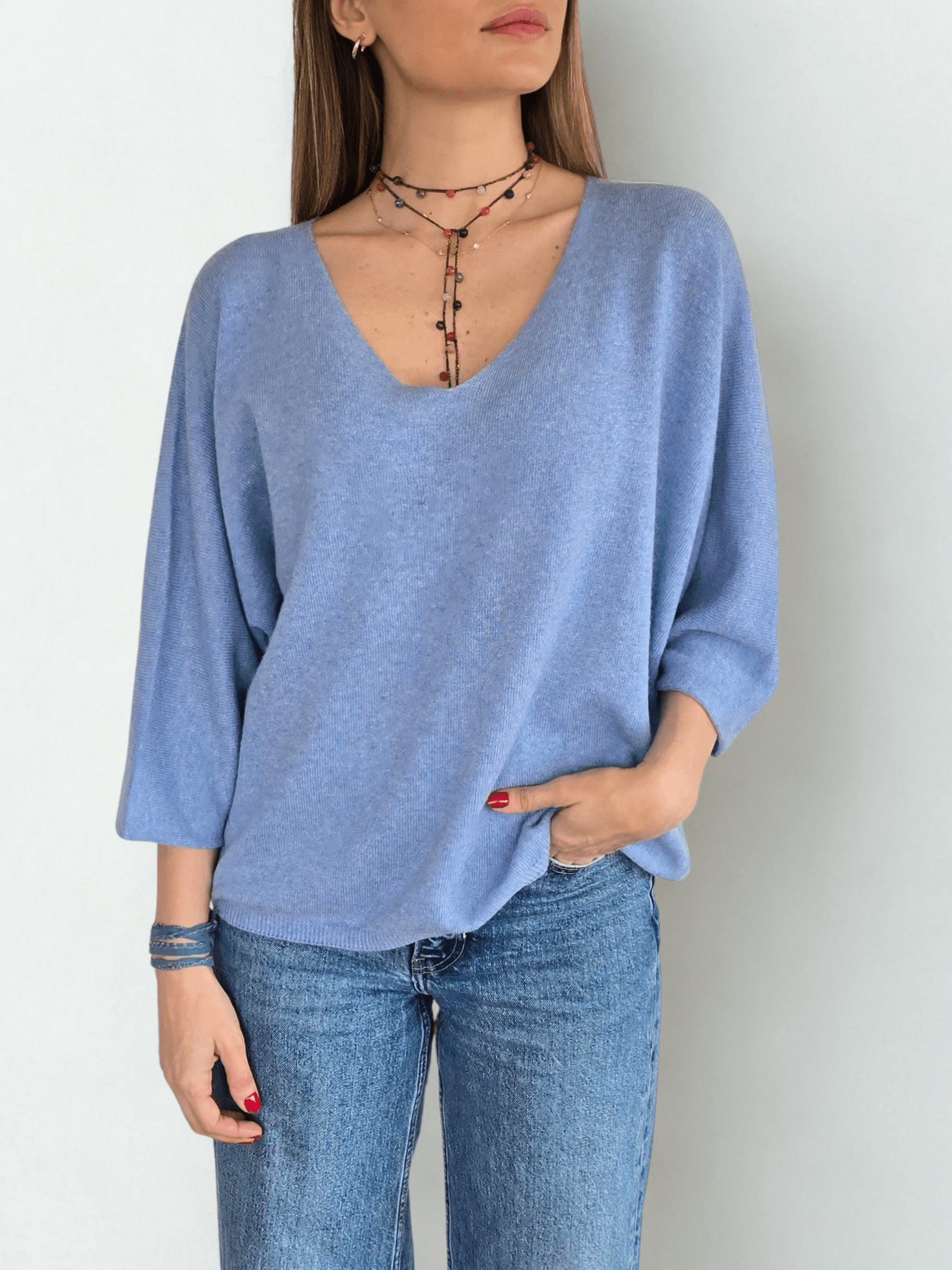 Sweater Italiano Manga 3/4, color Celeste
