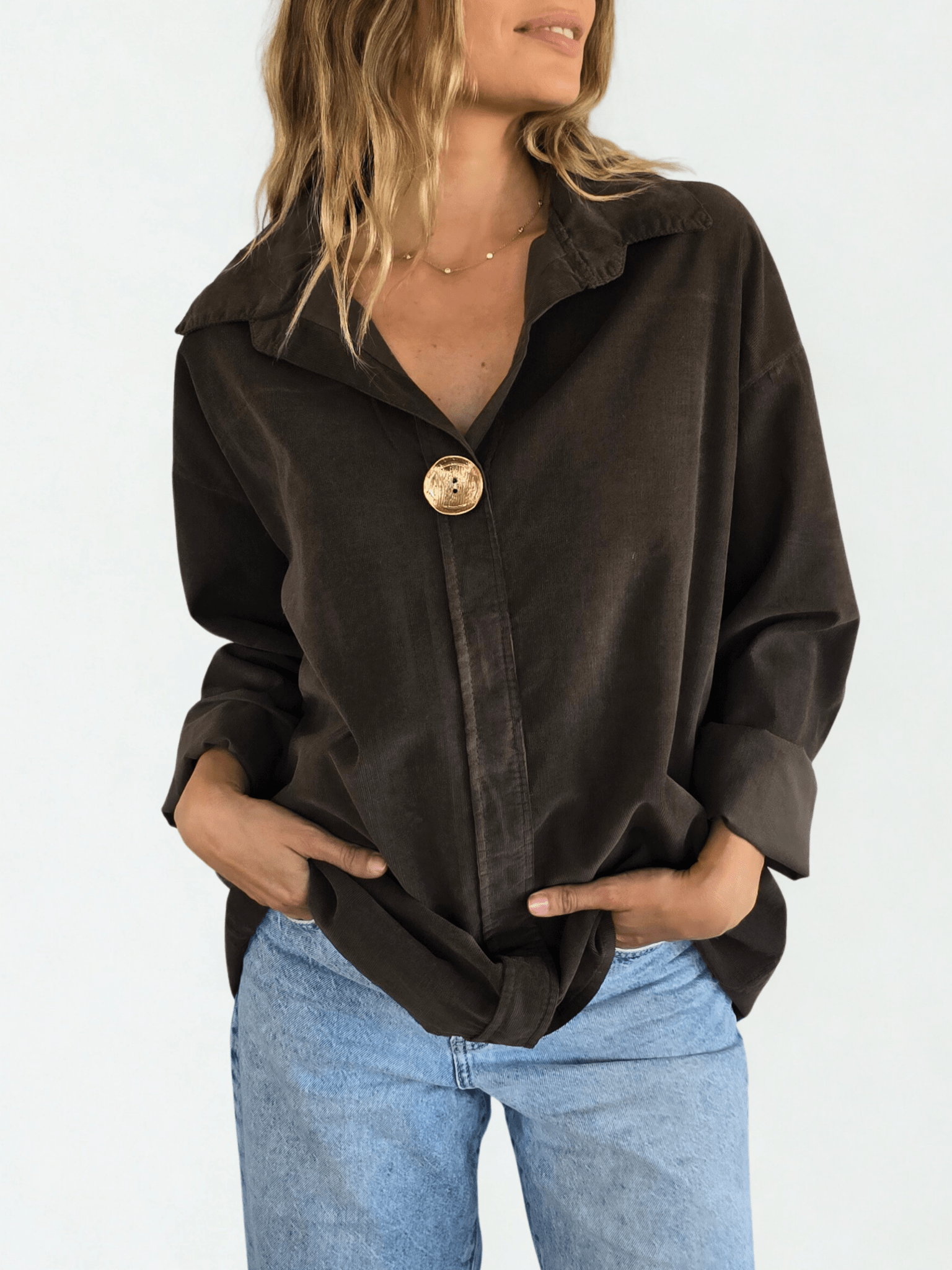 Blusa Italiana Cotelé mil rayas un botón, color Chocolate