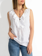 Blusa Italiana 100% Lino Vuelos, color Blanco