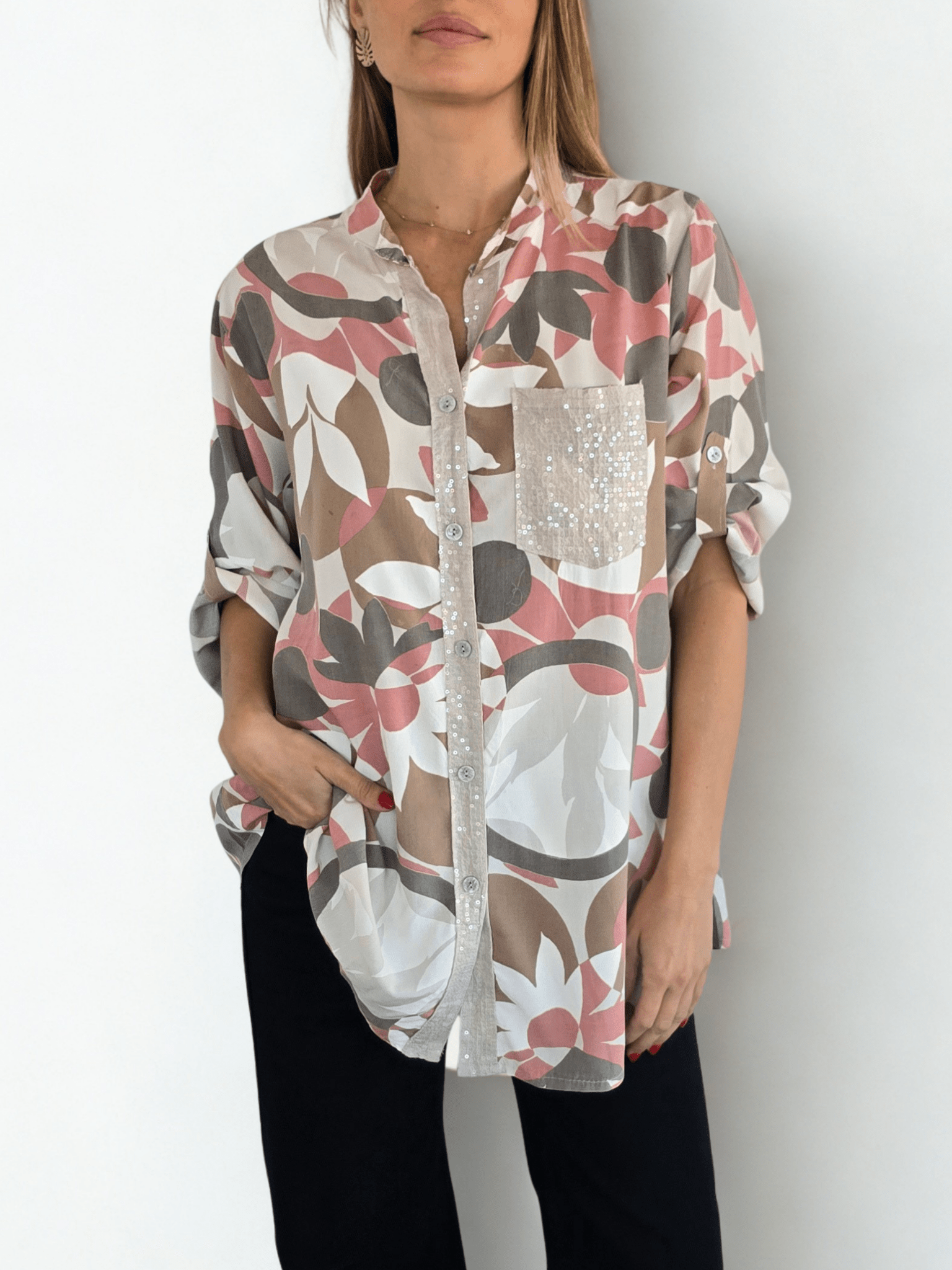 Blusa Italiana estampada, fondo Beige