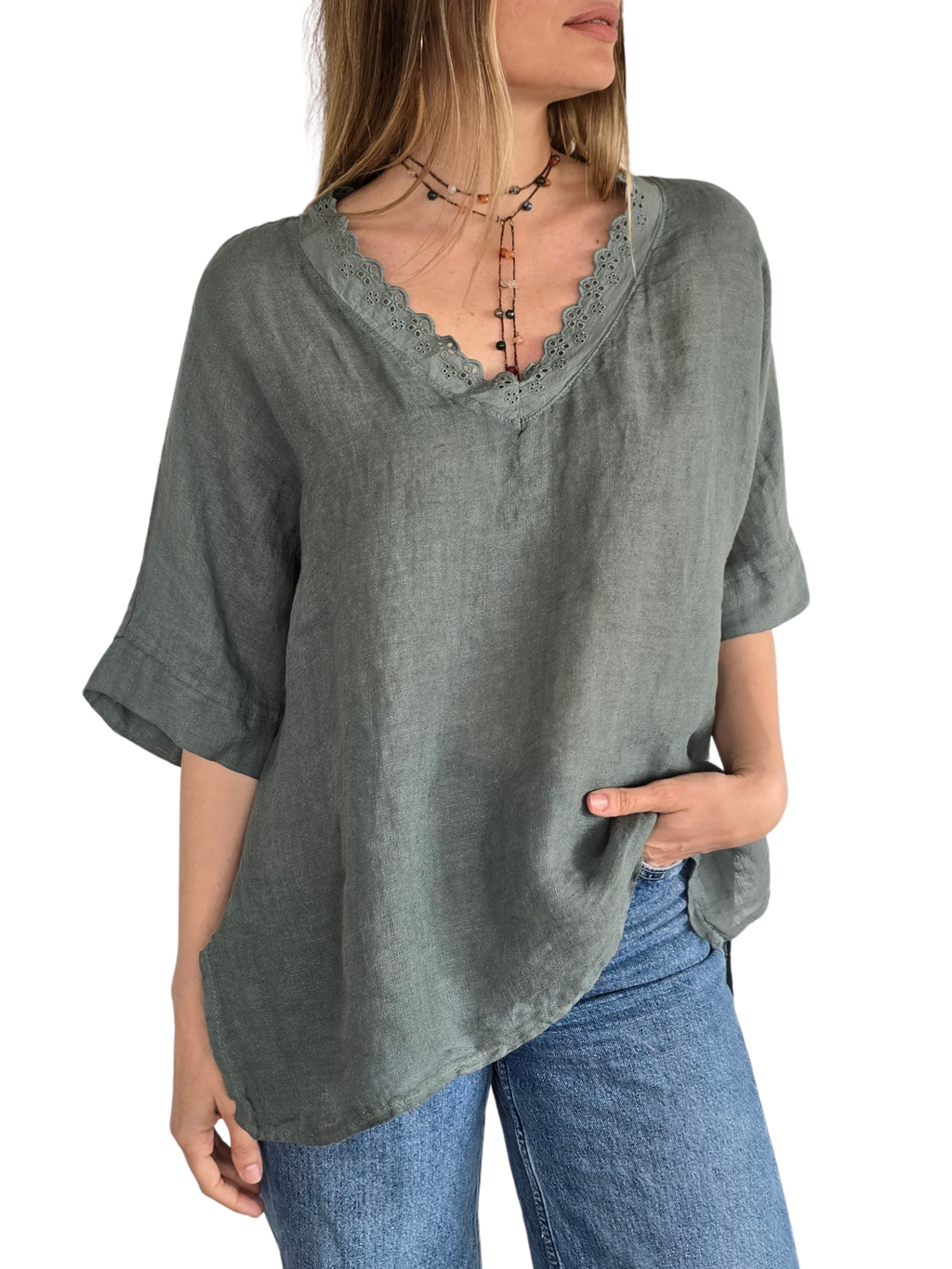 Blusa Italiana Escote Bordado, color Verde