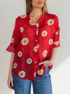 Blusa Italiana con Flores, fondo Rojo