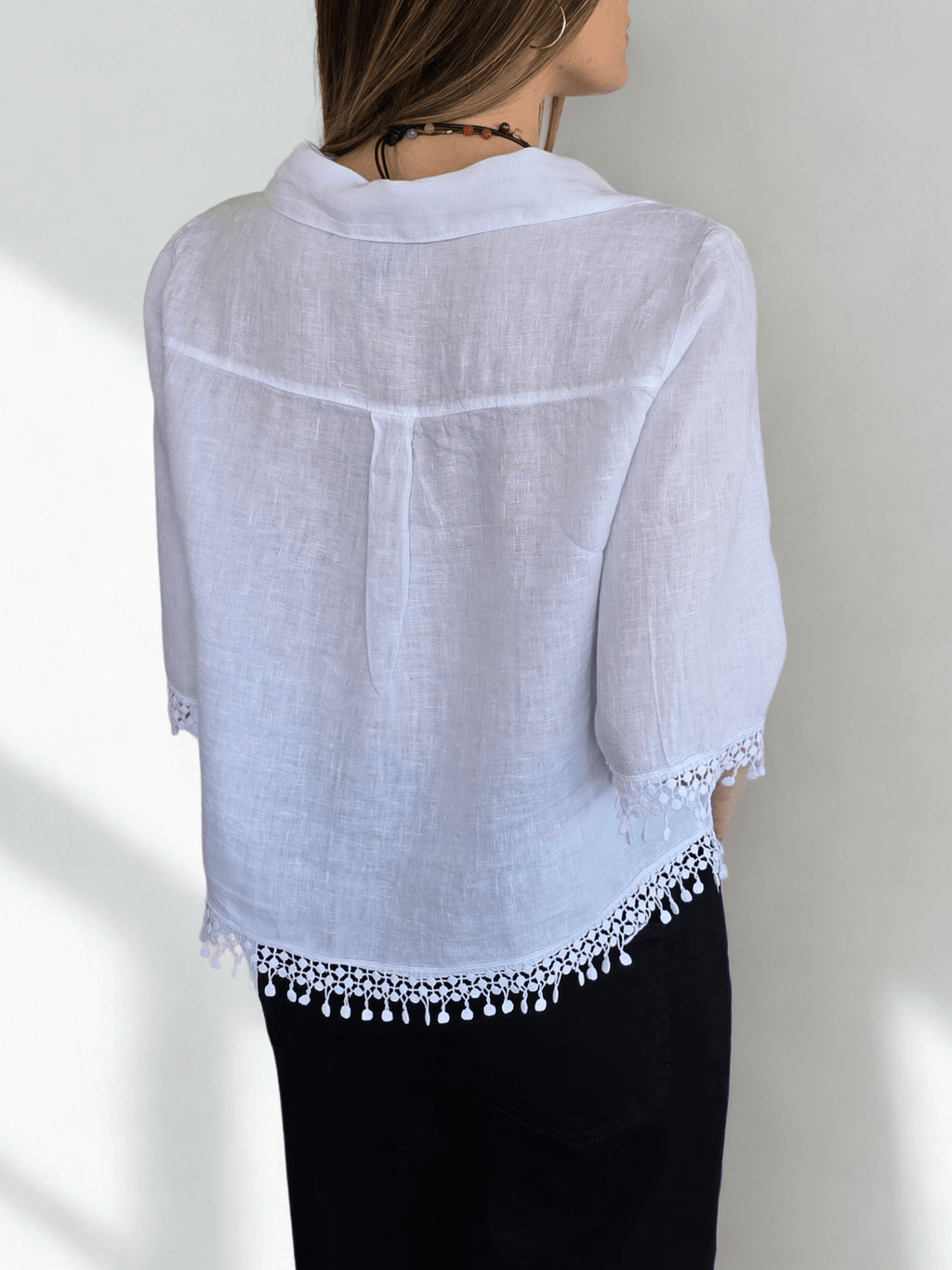 Blusa Italiana 100% Lino Bordada, color Blanco