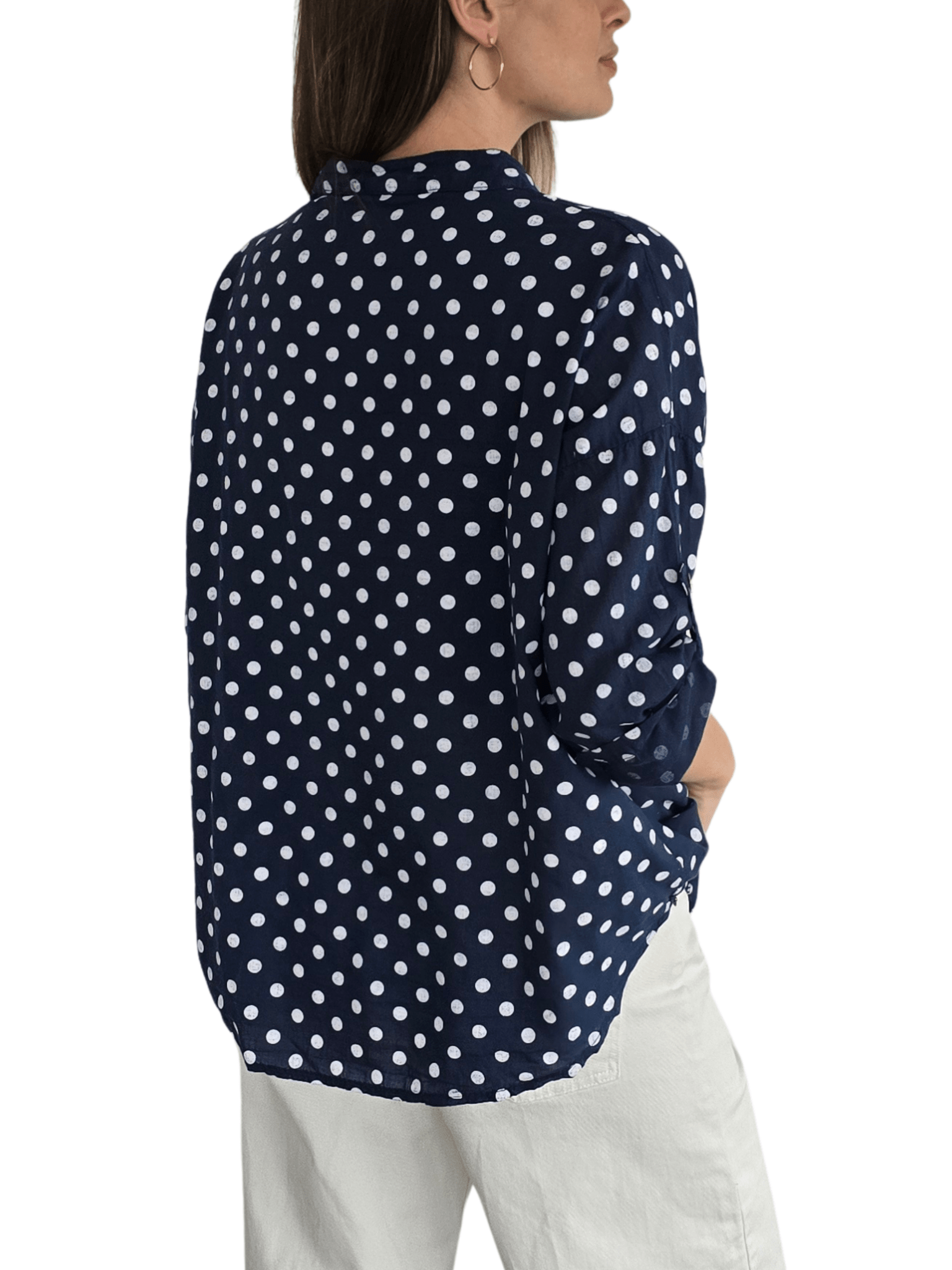 Blusa Italiana Lunares, fondo Azul con Blanco