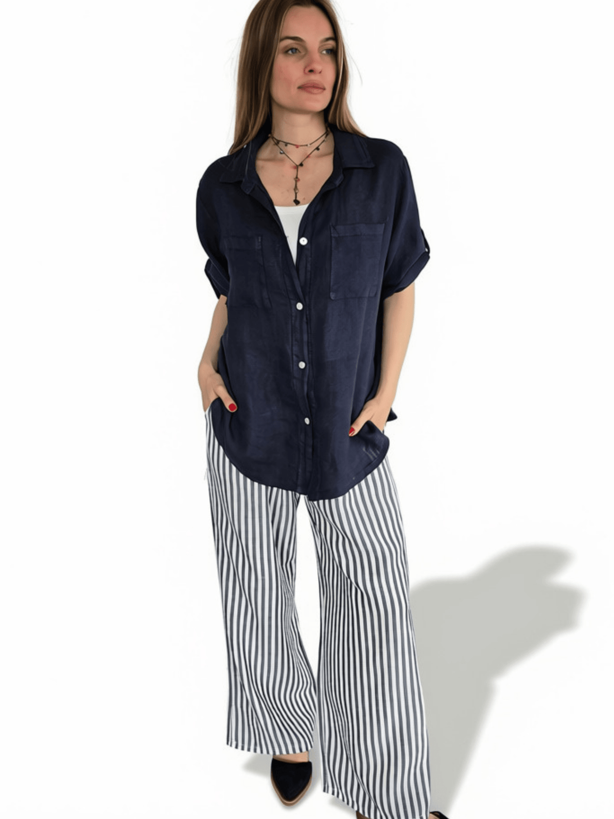 Pantalón Italiano Rayado, color Azul con Blanco