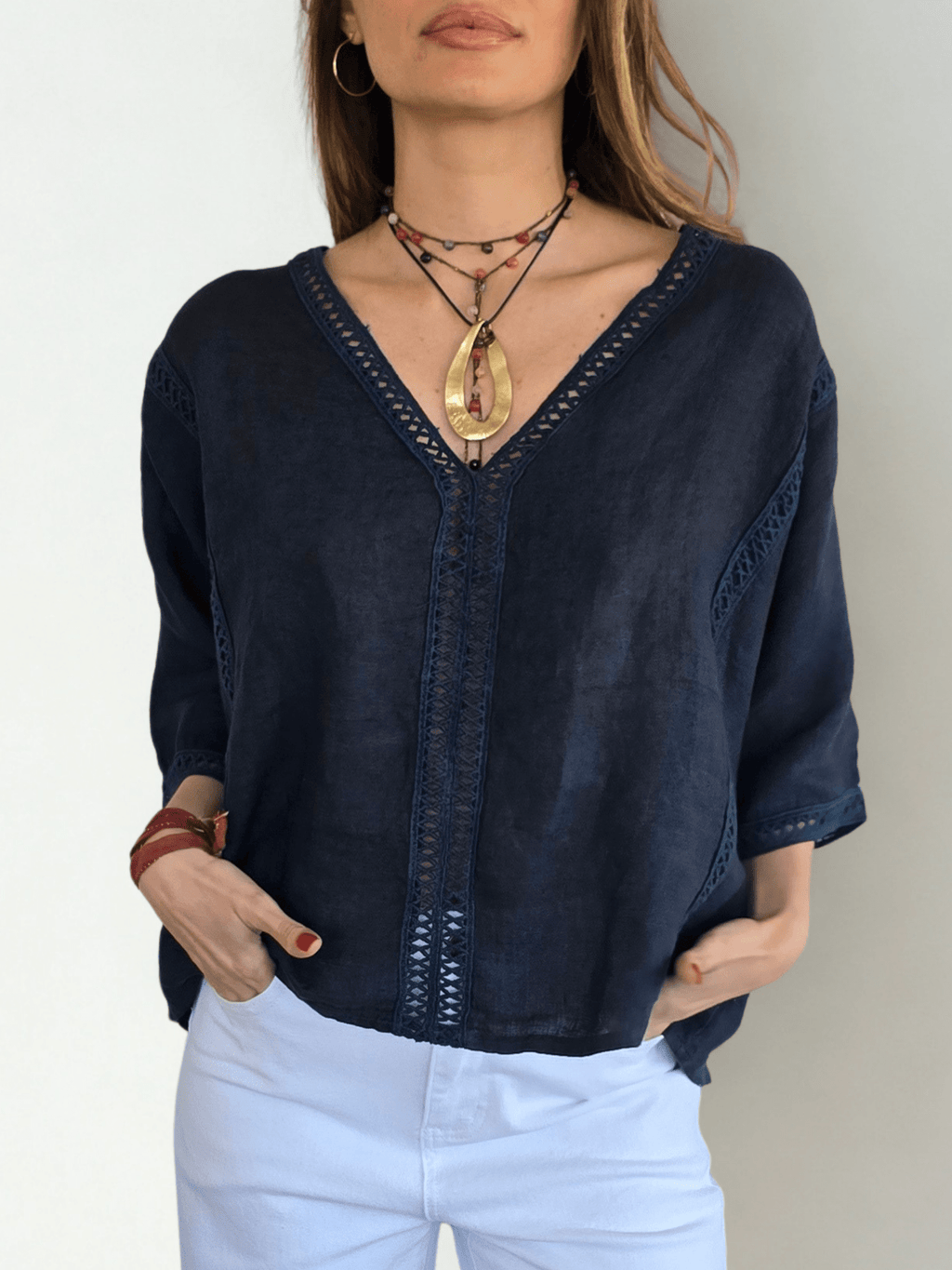 Blusa 100% Lino Italiano Pasamanería, color Azul Marino