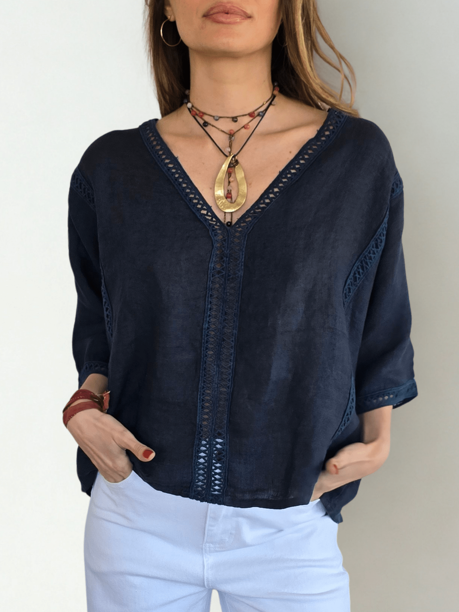Blusa 100% Lino Italiano Pasamanería, color Azul Marino