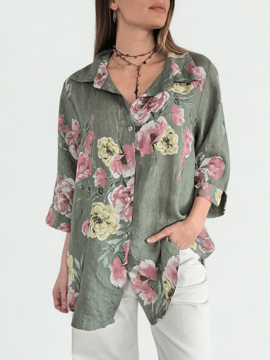 Blusa Italiana 100%Lino Floreada, fondo Verde