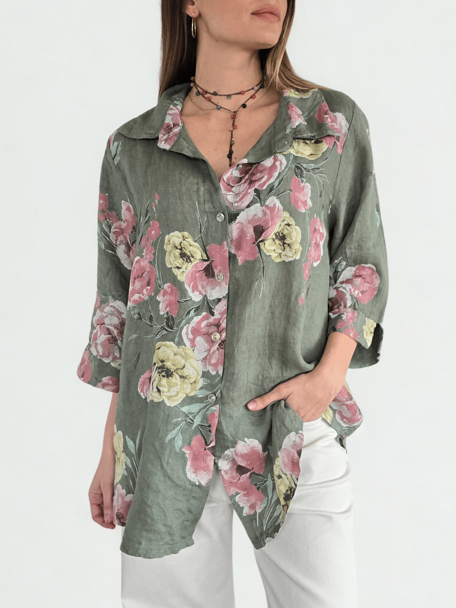 Blusa Italiana 100%Lino Floreada, fondo Verde