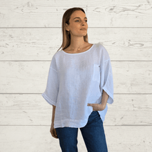 Cargar imagen en el visor de la galería, Blusa de Lino Italiano un bolsillo, color Blanco
