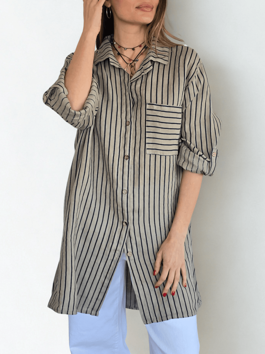 Blusa/Vestido Italiano 100% Lino Rayado, fondo Taupe