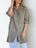 Blusa/Vestido Italiano 100% Lino Rayado, fondo Taupe