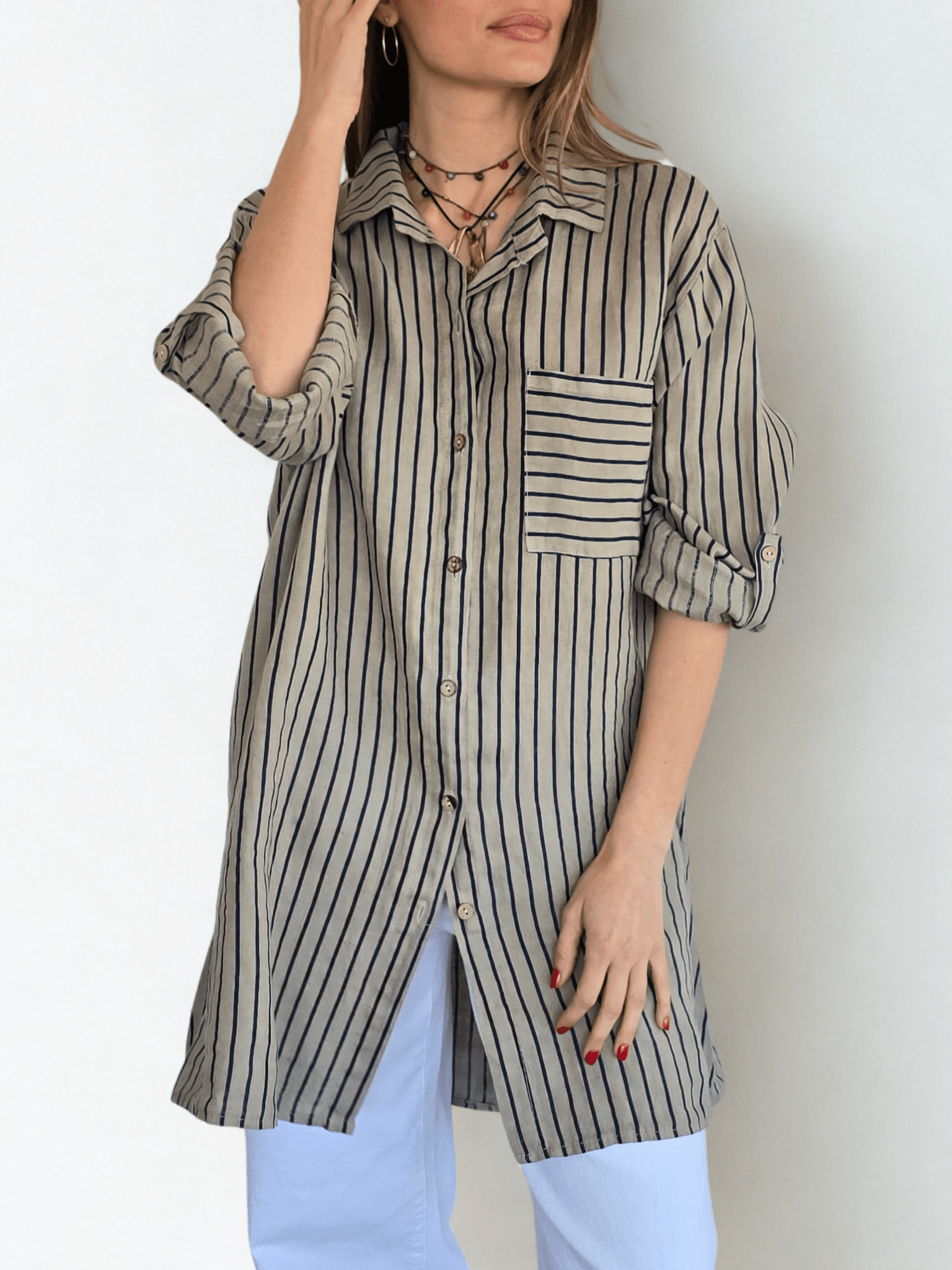 Blusa/Vestido Italiano 100% Lino Rayado, fondo Taupe