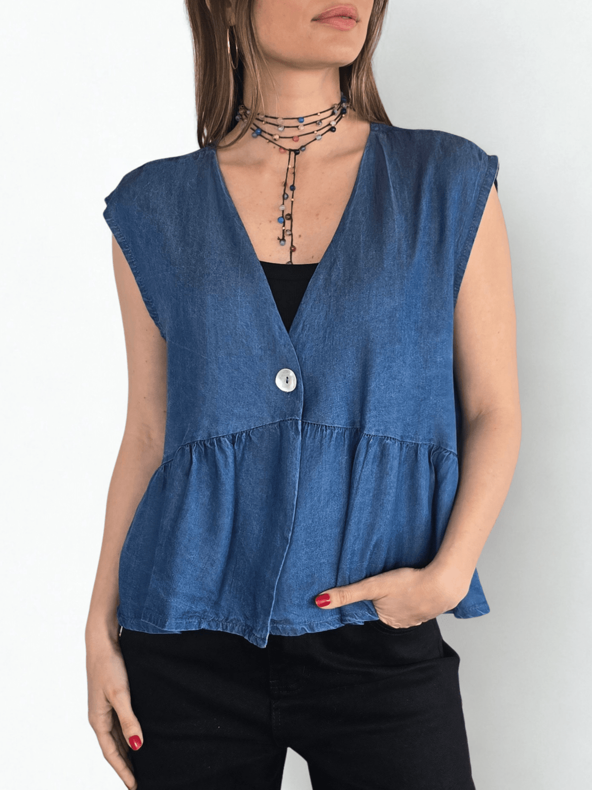 Blusa Italiana Tencel un Botón, color Azul