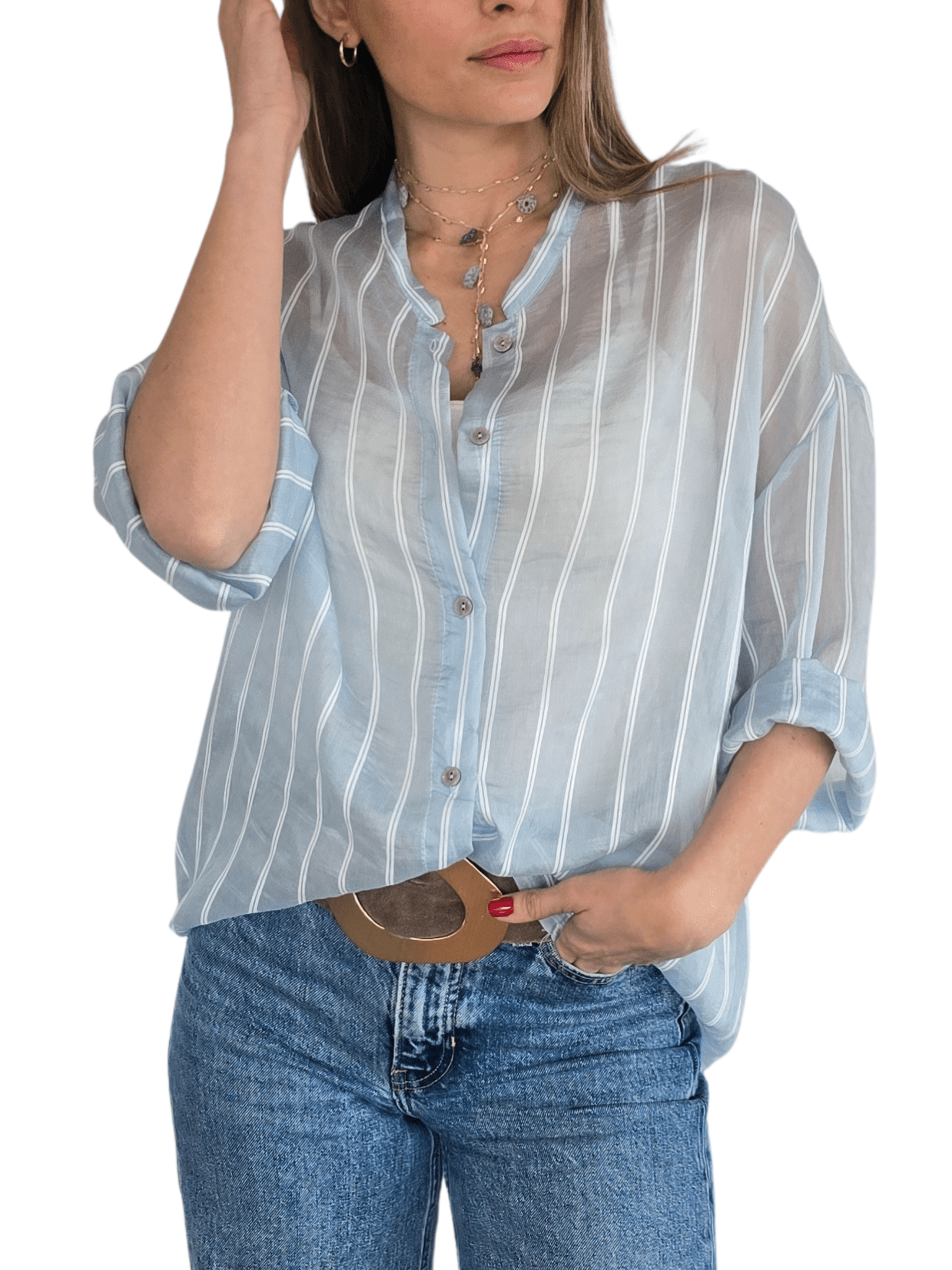 Blusa Italiana Rayada, fondo Celeste