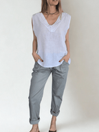 Blusa Italiana 100% Lino escote en V, color Blanco