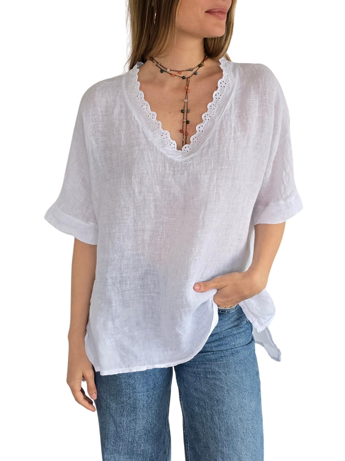 Blusa Italiana Escote Bordado, color Blanco
