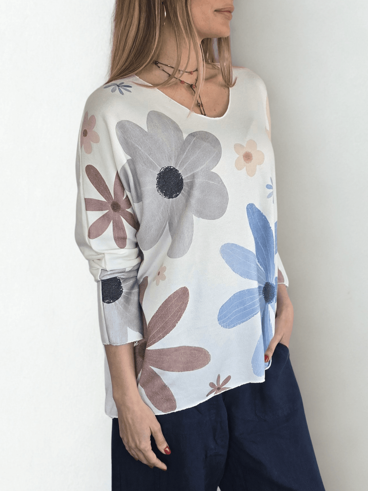 Sweater Italiano Estampado Flores, tonos Celestes